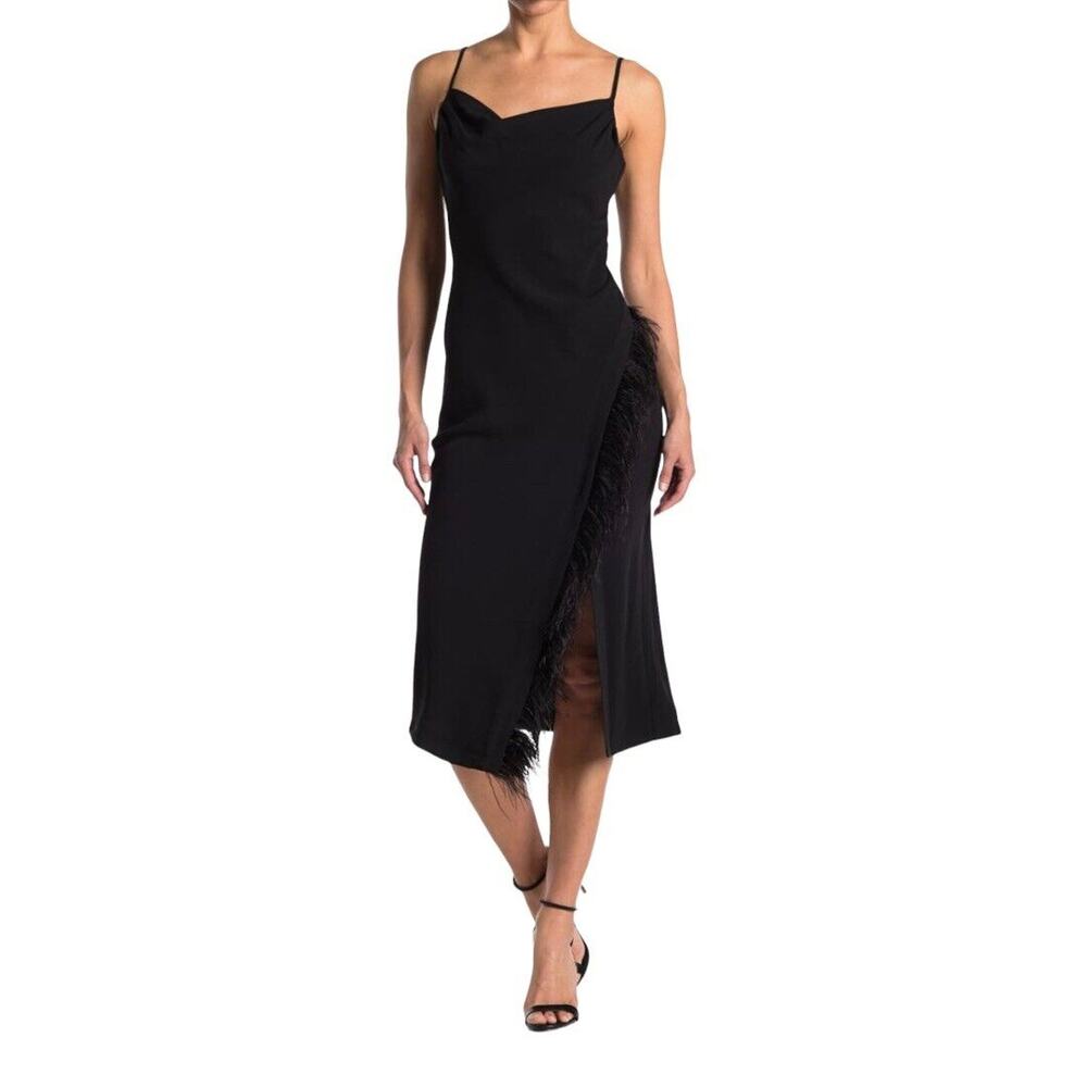 Derek Lam 10 Crosby Nellie Black Cowl Neck Feather Trim Midi Dress Size 2 NWT